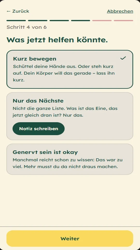 Check-in-Bildschirm mit Vorschlägen für kleine Schritte, darunter eine Atemführung